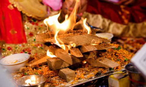 A sacred fire for Puja. Selective focus is used